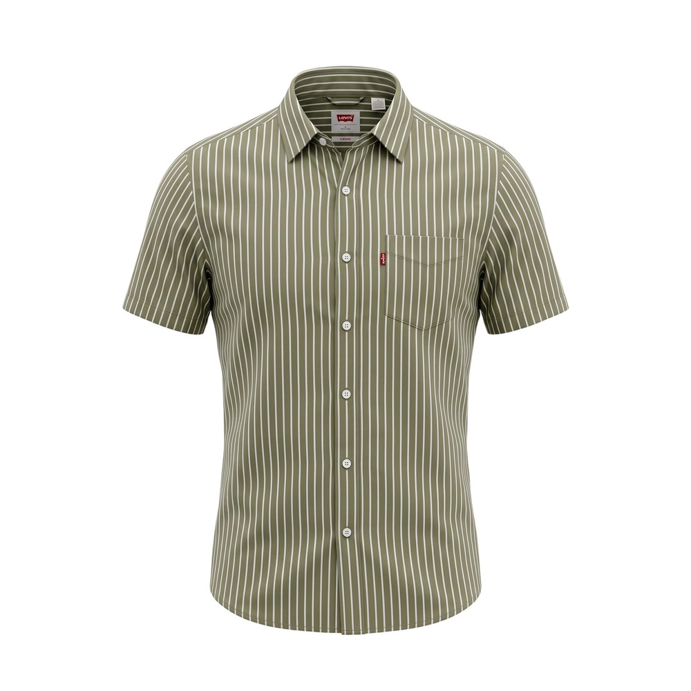 Coastal Levi's Striped Short Sleeve‎ Button Down Shirt Large Olive Green White